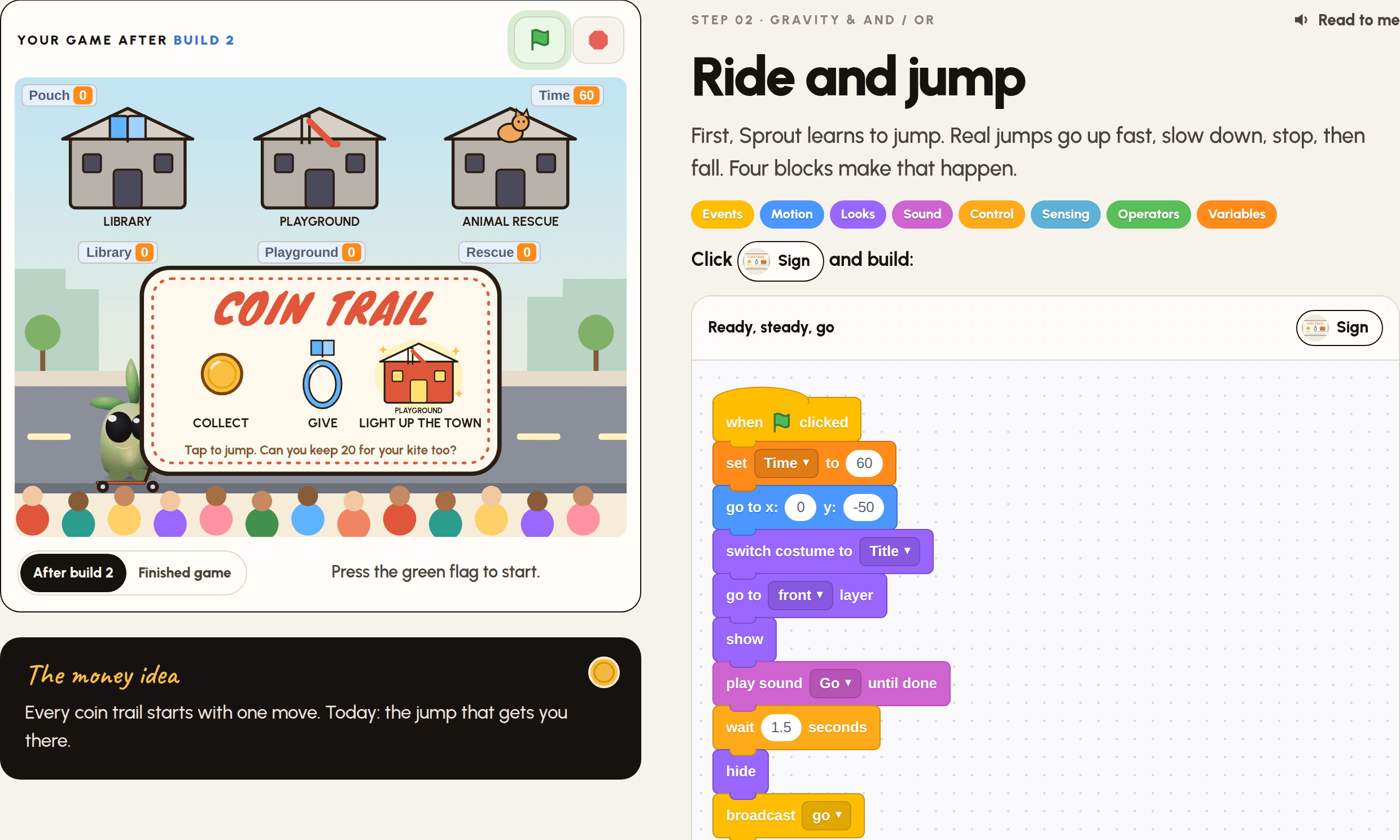 A page from the Coin Trail guide: the game on the left, a step with Scratch blocks on the right.